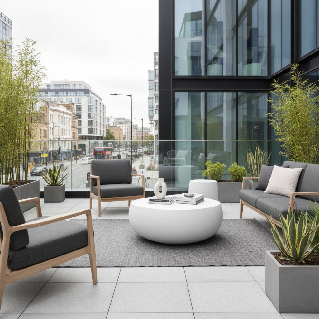 White sculptural table in modern urban courtyard