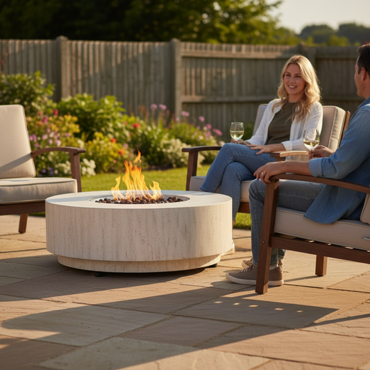 Happy Cocooning, Estate, 76cm, Round, Gas Fire Table Stone Look - Travertine