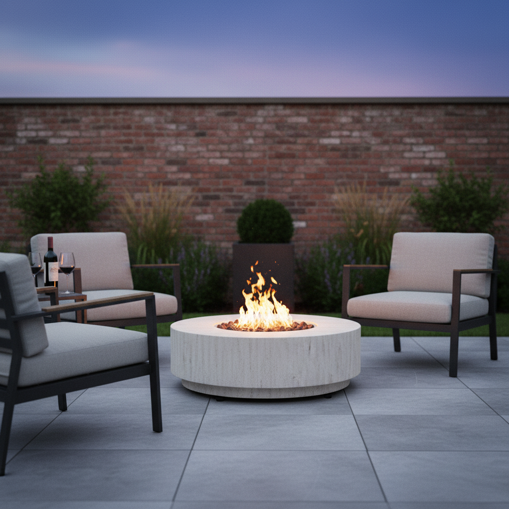Happy Cocooning, Estate, 76cm, Round, Gas Fire Table Stone Look - Travertine