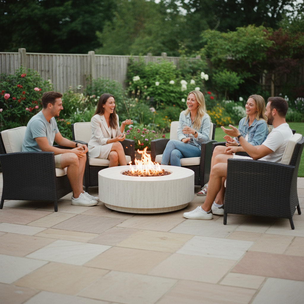 Happy Cocooning, Estate, 76cm, Round, Gas Fire Table Stone Look - Travertine