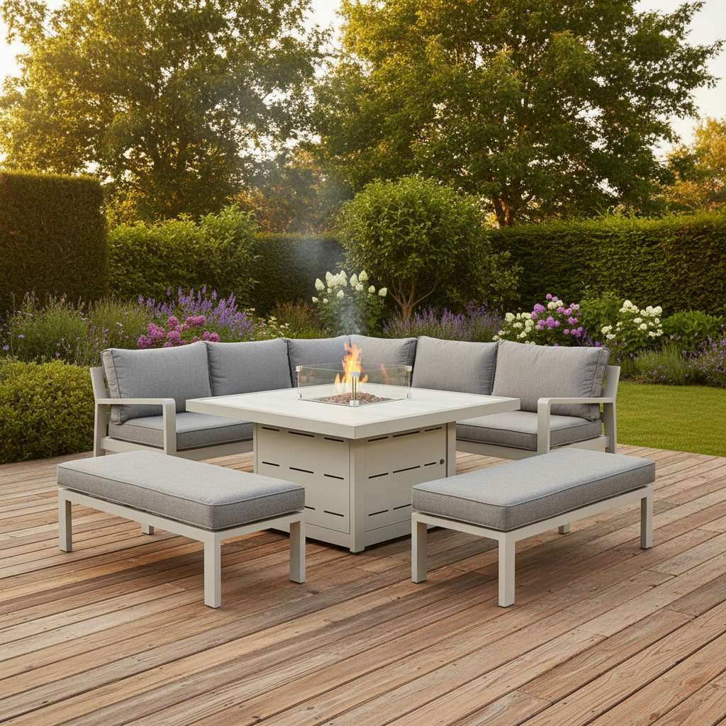 Hex Living Fireside Set in Pebble Grey with Gas Fire Pit Table